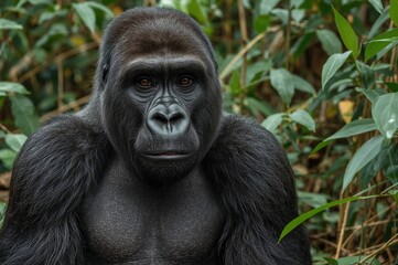 Obraz premium Mountain gorilla watching visitors from the forest front