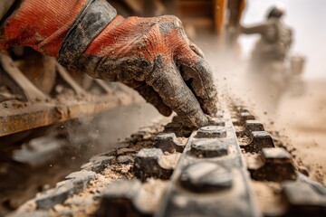 Muddy gloved hand touches a caterpillar track on heavy construction equipment. It shows hard work, resilience, and the grit of building and development.