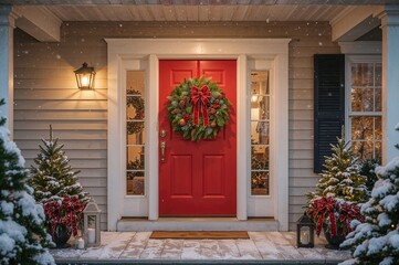Entrance door adorned with a vibrant wreath in a snowy setting