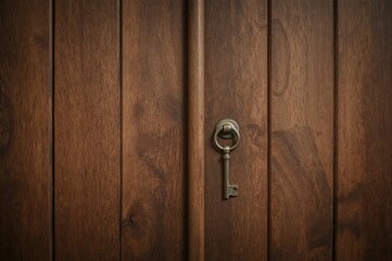 Antique wooden cabinet door featuring a keyhole and key