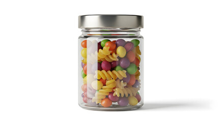 Whimsical Delight Clear Glass Jar Filled with Colorful Candies and Pasta Twirls, Capturing Joy and Nostalgia for Sweet Creations and Playful Treats