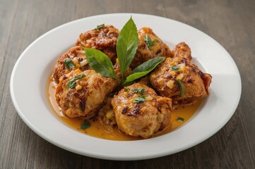 A tasty serving of classic crispy fried chicken garnished with aromatic curry leaves, bursting with rich flavors.