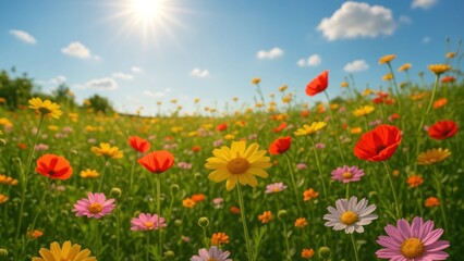 Fototapeta premium Vibrant wildflowers under sunny sky.