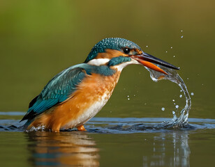 blue winged kingfisher, Female Kingfisher emerging from the water after an unsuccessful dive to grab a fish.