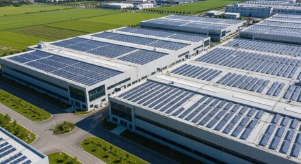 Aerial view of solar panels on rooftops of industrial buildings in countryside