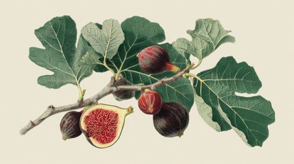 Detailed botanical illustration of fig tree branch with lush green leaves and ripe figs for nature prints,,National Fig Week
