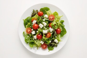 Crisp summer greens served on a white ceramic dish with room for text. Fresh lettuce and ripe tomatoes. Nutritious salad option.