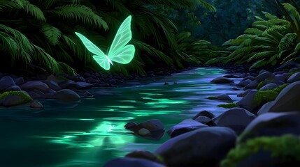 Enchanting glowing butterfly in a lush, primordial forest stream