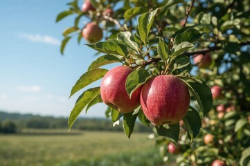 Obraz premium Ripe crimson apples hanging from a leafy branch in a natural setting