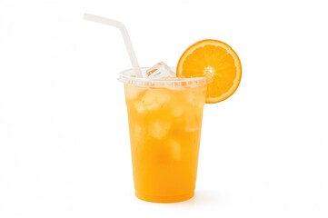 Takeaway plastic cup filled with fresh orange juice, straw, and a citrus slice on white background