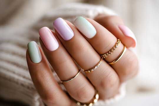Main avec ongle vernis couleurs pastelles