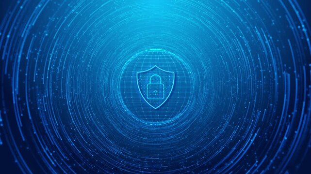 Blue light flare animates rotating grid globe cybersecurity shield icon, protection of digital networks. Round particles stream outward, creating illusion depth, motion, and secure data transmission