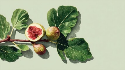 Fresh figs on branch with green leaves on light background for natural design,,National Fig Week