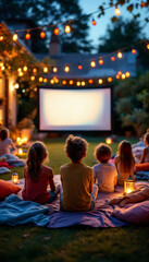 Children watching an outdoor movie in a cozy backyard setting