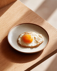 Delicious fried egg with golden yolk on ceramic plate, wood table for wholesome morning meal