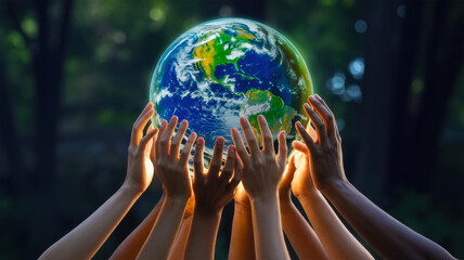 Many hands lifting a glowing earth globe upwards towards a brighter future