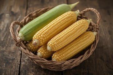 Basket Filled with Fresh Corn on a Wooden Surface, Focused Detail