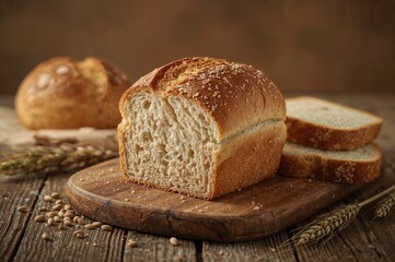 Loaf of bread resting on a rustic wooden surface