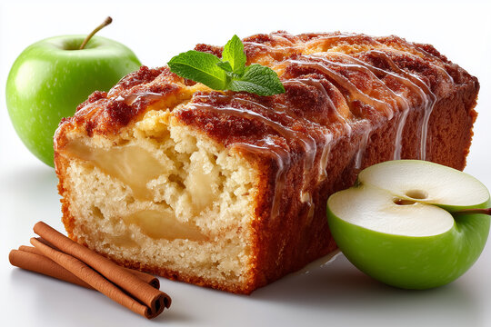 Delicious apple cinnamon loaf cake, drizzled with glaze, and surrounded by fresh green apples and cinnamon sticks. - Powered by Adobe