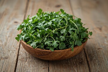 Fototapeta premium Bowl of fresh arugula on wooden surface, top view with text area