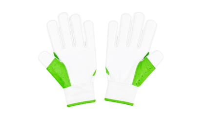 White, green goalkeeper gloves on display on transparent background