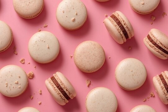 Assorted colorful macaroons scattered with crumbs on a pastel pink surface - Powered by Adobe