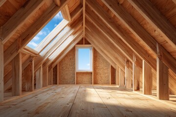 Attic interior of an off-frame construction house with wooden beams and a gable roof structure. Newly constructed A-frame wood attic with beams and unfinished walls. Newly-built buildings, or homes.