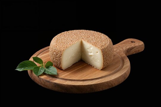 Banon cheese wrapped in chestnut leaves displayed on a wooden board against a dark backdrop