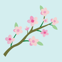 A vibrant pink cherry tree branch with delicate blossoms and green leaves illustrates the beauty of spring