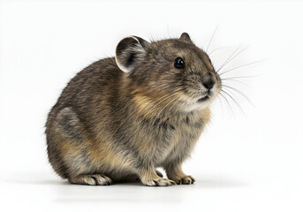 Captivating close-up of a small, alert pika perched against a pristine white backdrop, showcasing its detailed fur and sensitive whiskers, a moment of wild beauty.