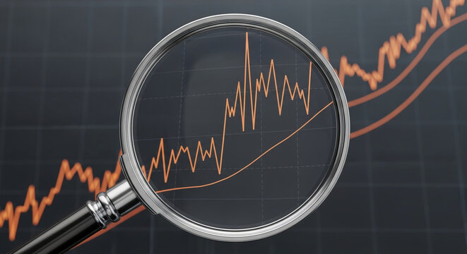 Magnifying glass focuses on orange graph line, showing growth against dark grid background, symbolizing market analysis, financial growth, and data scrutiny