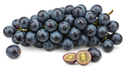 Fresh bunch of ripe black grapes with juicy halves, perfect for healthy eating and recipes