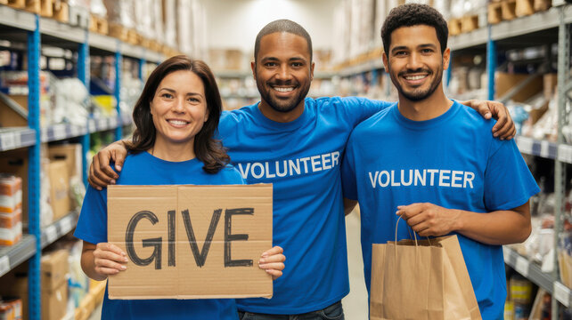 Diverse group of smiling volunteers wearing blue shirts with the word volunteer holding a give sign and a shopping bag