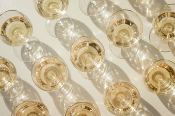 Multiple glasses filled with white wine, artistic overhead shot on a bright surface, minimalist flat lay design. Sunlit wine glass casting shadows and sparkling reflections. Light beverages perfect