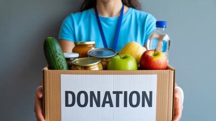 Person wearing a blue t shirt holding a cardboard box filled with food for donation