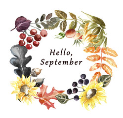 Hello, autumn. Watercolor wreath of autumn leaves and flowers with the inscription hello, september. Hand drawn illustration on white background for design of postcard, invitation