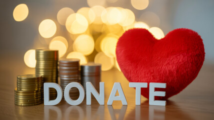 Symbolic image of a red heart and stacks of coins with the word donate representing charity and giving