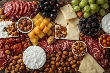 Assorted cheese and meat platter featuring grapes and nuts