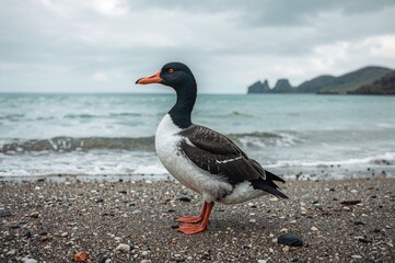 Sea duck resting on a sandy shore by the ocean