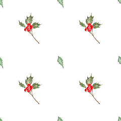 Winter plants. Watercolor seamless pattern with the image of a branch of a holly with a green leaf and red berries and a separate green leaf. Hand drawn on a white background for the design of fabric,