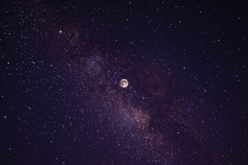 Fototapeta premium Astrophotography demands extended exposure times and minimal illumination. Blurred backdrop with a textured grainy effect. Complete lunar orb, galactic core, and celestial star patterns visible