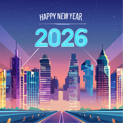 Wektor „Happy New Year 2026” w stylu cyberpunk, neonowe kolory, futurystyczne cyfry, tło miasta nocą, dynamiczne linie.