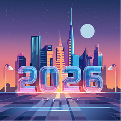 Wektor „Happy New Year 2026” w stylu cyberpunk, neonowe kolory, futurystyczne cyfry, tło miasta nocą, dynamiczne linie.