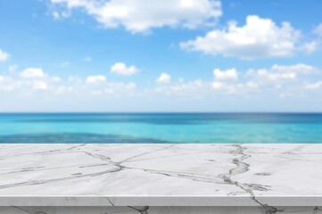 Fototapeta premium Glossy white marble tabletop with blurred sky and ocean bokeh background, banner mockup for product presentation