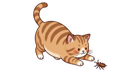 Isolated Cartoon Cat Playing with Beetle