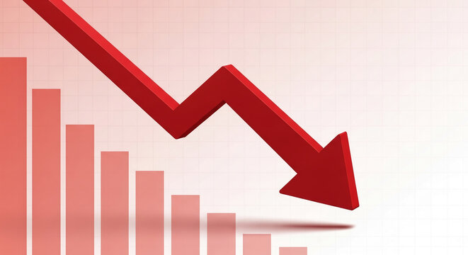 Red arrow pointing down over decreasing bar graph, symbolizing decline, loss, or economic downturn, suitable for financial reports or presentations
