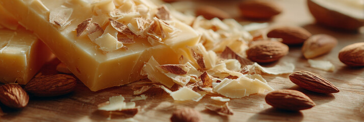 Smoked gouda cheese block beside almond, delicious gourmet snack arrangement