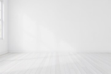 3D visualization of an empty space featuring white wood flooring and plain walls