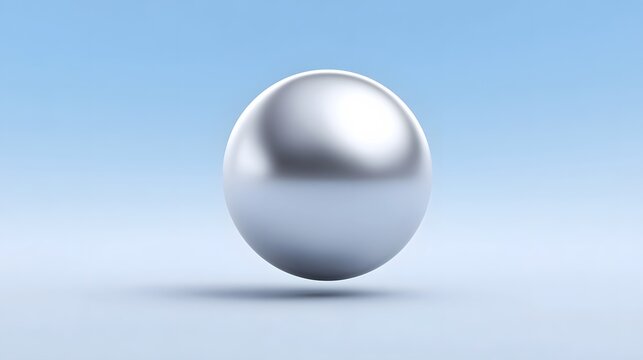 A reflective silver sphere floats against a blue background. long_title:A glossy, metallic silver sphere hovers in a minimalist, futuristic studio