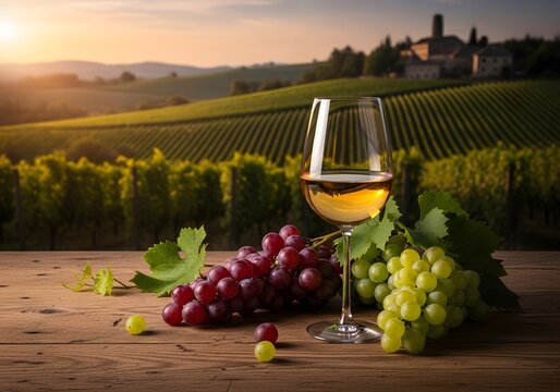 Glass of White Wine with Grapes in Vineyard at Sunset - Powered by Adobe
